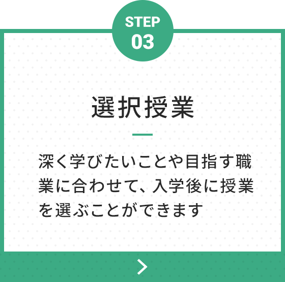 STEP 03 選択授業 深く学びたいことや目指す職業に合わせて、 入学後に授業を選ぶことができます